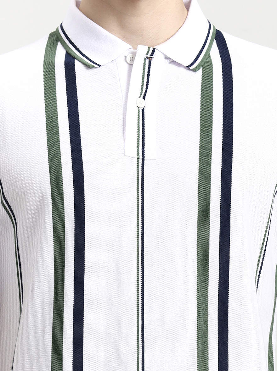 White & Green Striped Slim Fit Polo T-Shirt | Greenfibre