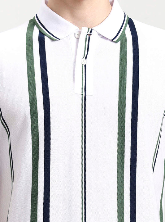 White & Green Striped Slim Fit Polo T-Shirt | Greenfibre