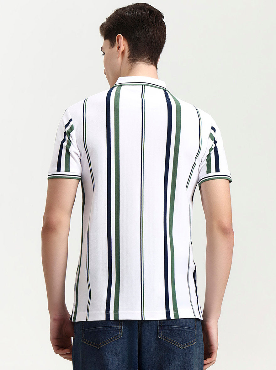 White & Green Striped Slim Fit Polo T-Shirt | Greenfibre