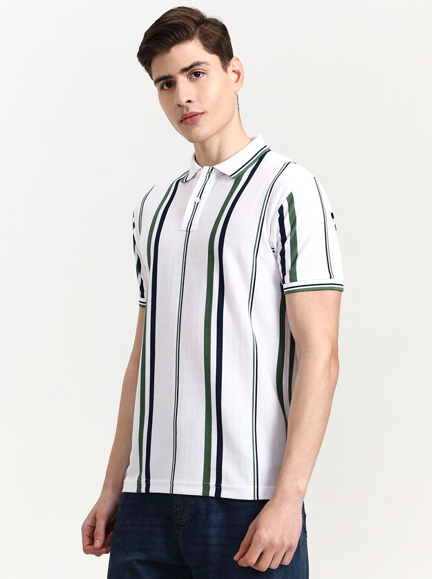 White & Green Striped Slim Fit Polo T-Shirt | Greenfibre