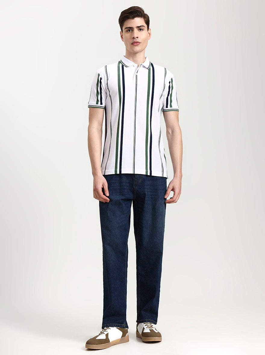 White & Green Striped Slim Fit Polo T-Shirt | Greenfibre