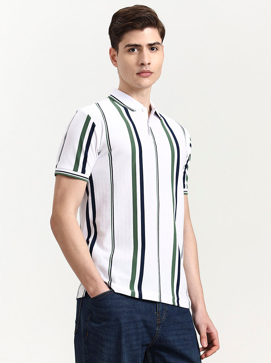 White & Green Striped Slim Fit Polo T-Shirt | Greenfibre