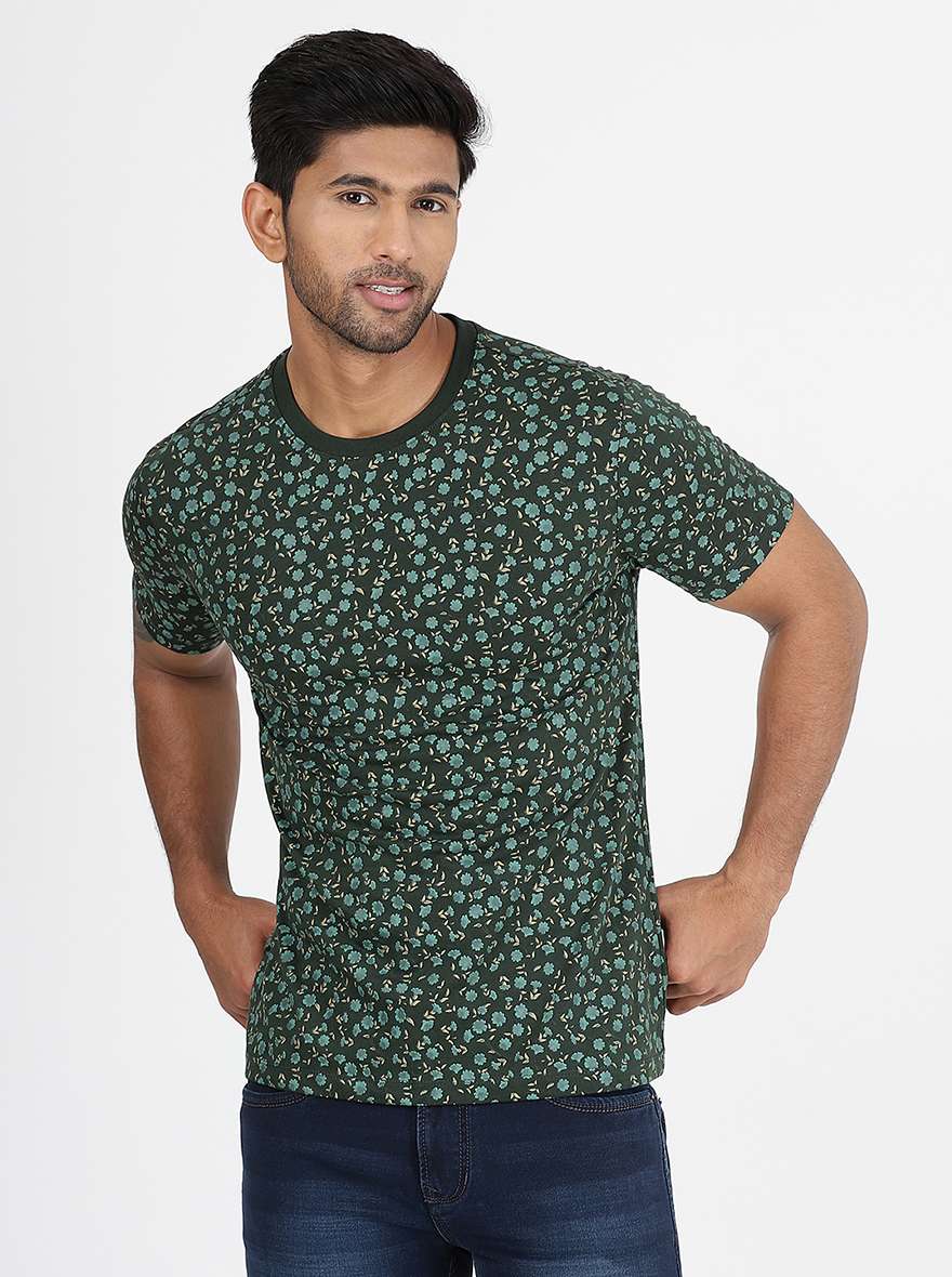 Bottle Green Printed Slim Fit T-Shirt | Greenfibre
