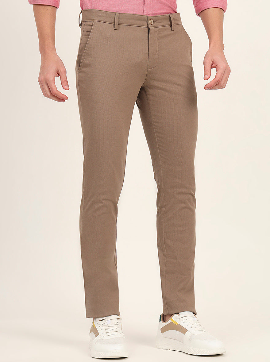 Light Brown Printed Super Slim Fit Casual Trouser | Greenfibre