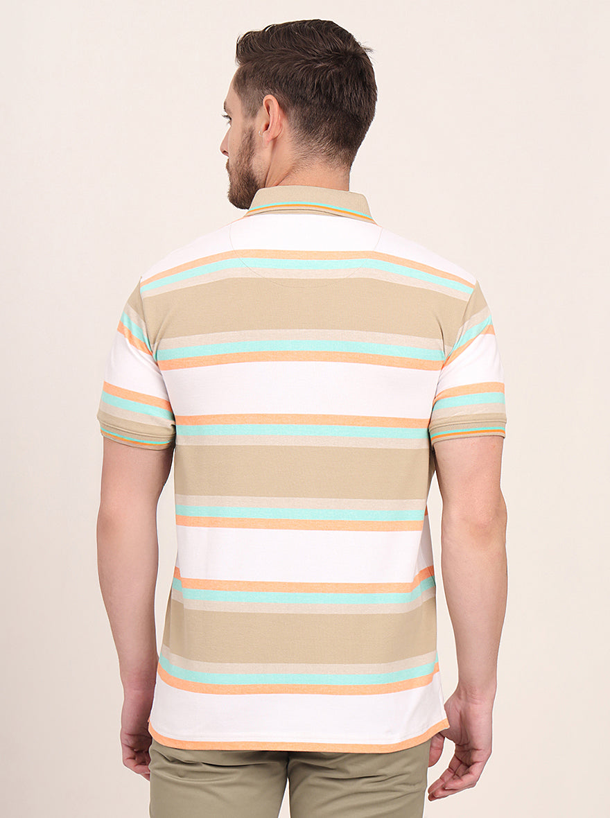 White & Green Striped Slim Fit Polo T-Shirt | JadeBlue