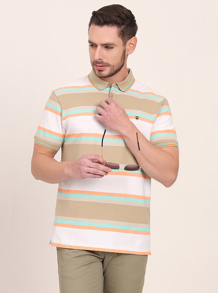 White & Green Striped Slim Fit Polo T-Shirt | JadeBlue