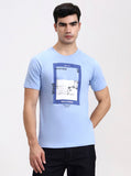 Sky Blue Printed Slim Fit T-Shirt | Greenfibre