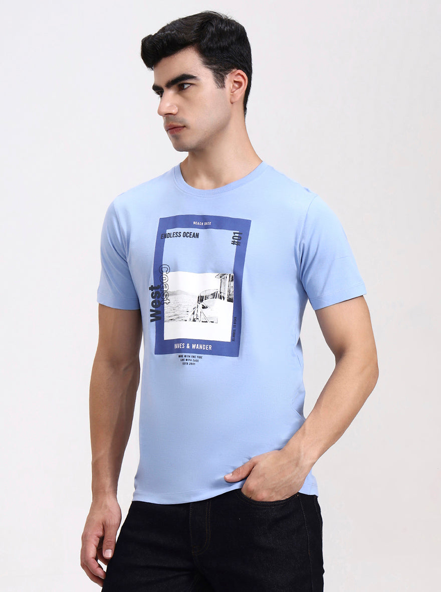 Sky Blue Printed Slim Fit T-Shirt | Greenfibre