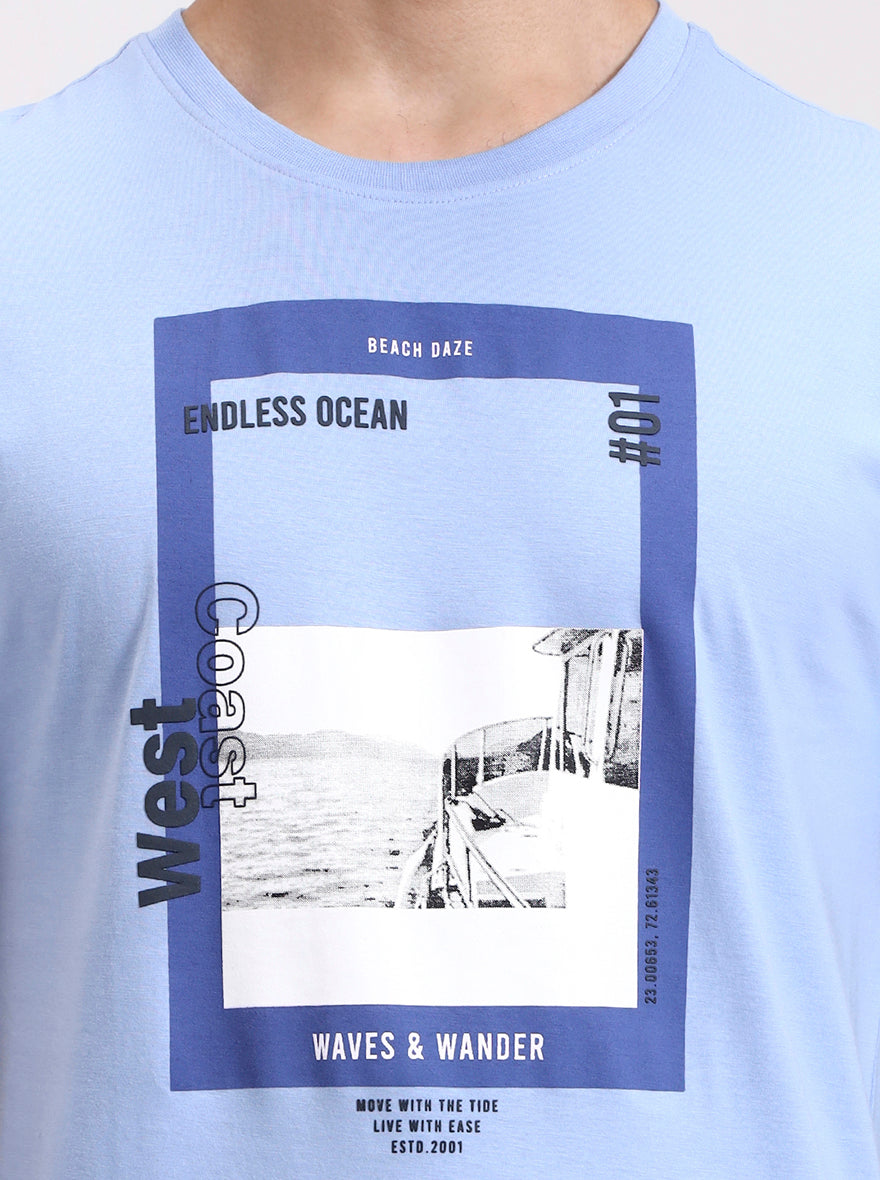 Sky Blue Printed Slim Fit T-Shirt | Greenfibre