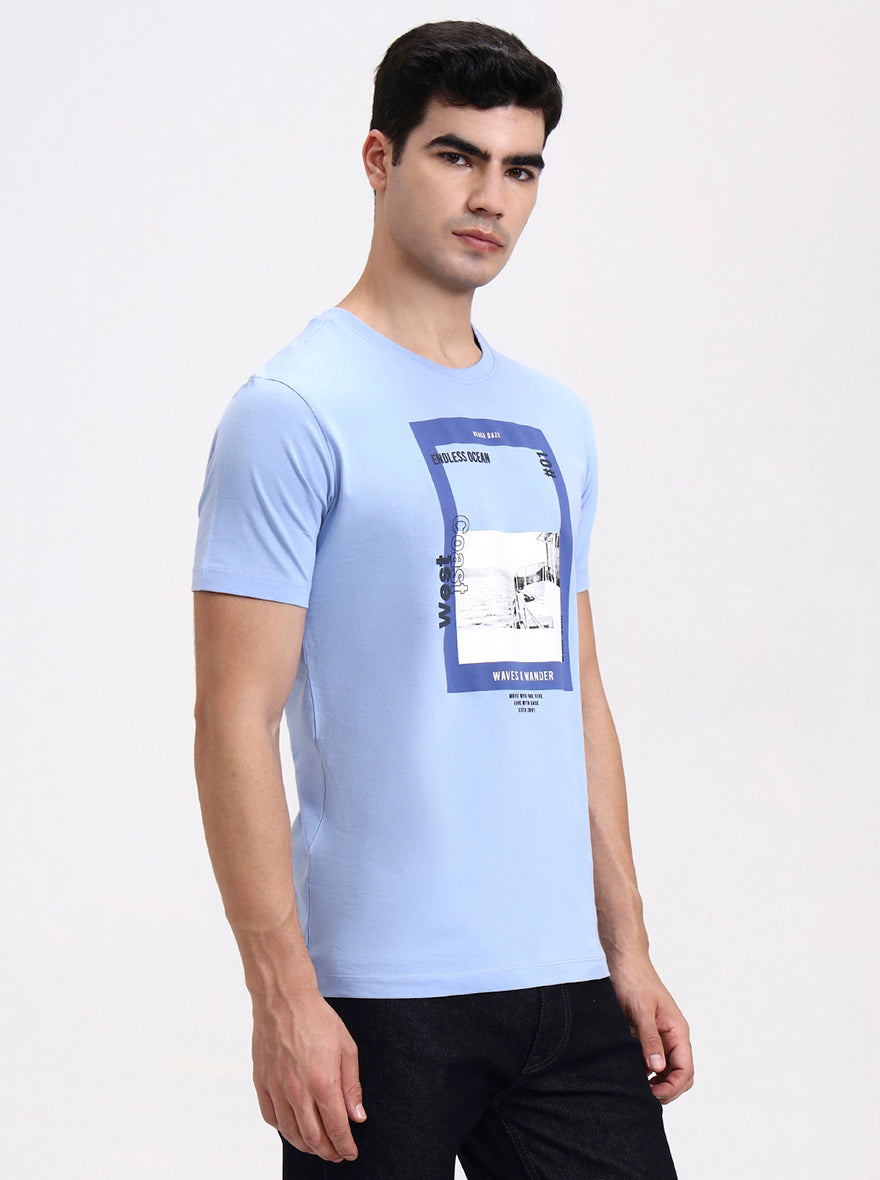 Sky Blue Printed Slim Fit T-Shirt | Greenfibre