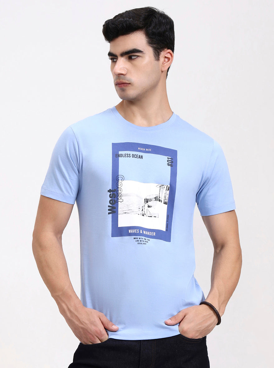 Sky Blue Printed Slim Fit T-Shirt | Greenfibre