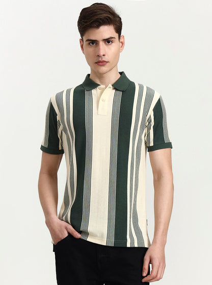 Green & White Striped Slim Fit Polo T-Shirt | Greenfibre