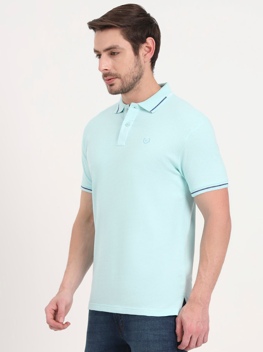 Aqua Blue Solid Slim Fit Polo T-Shirt | Greenfibre
