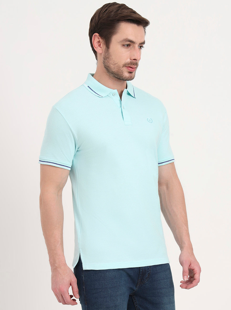 Aqua Blue Solid Slim Fit Polo T-Shirt | Greenfibre