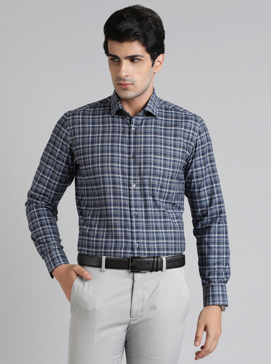 Blue Checked Slim Fit Formal Shirt | Greenfibre