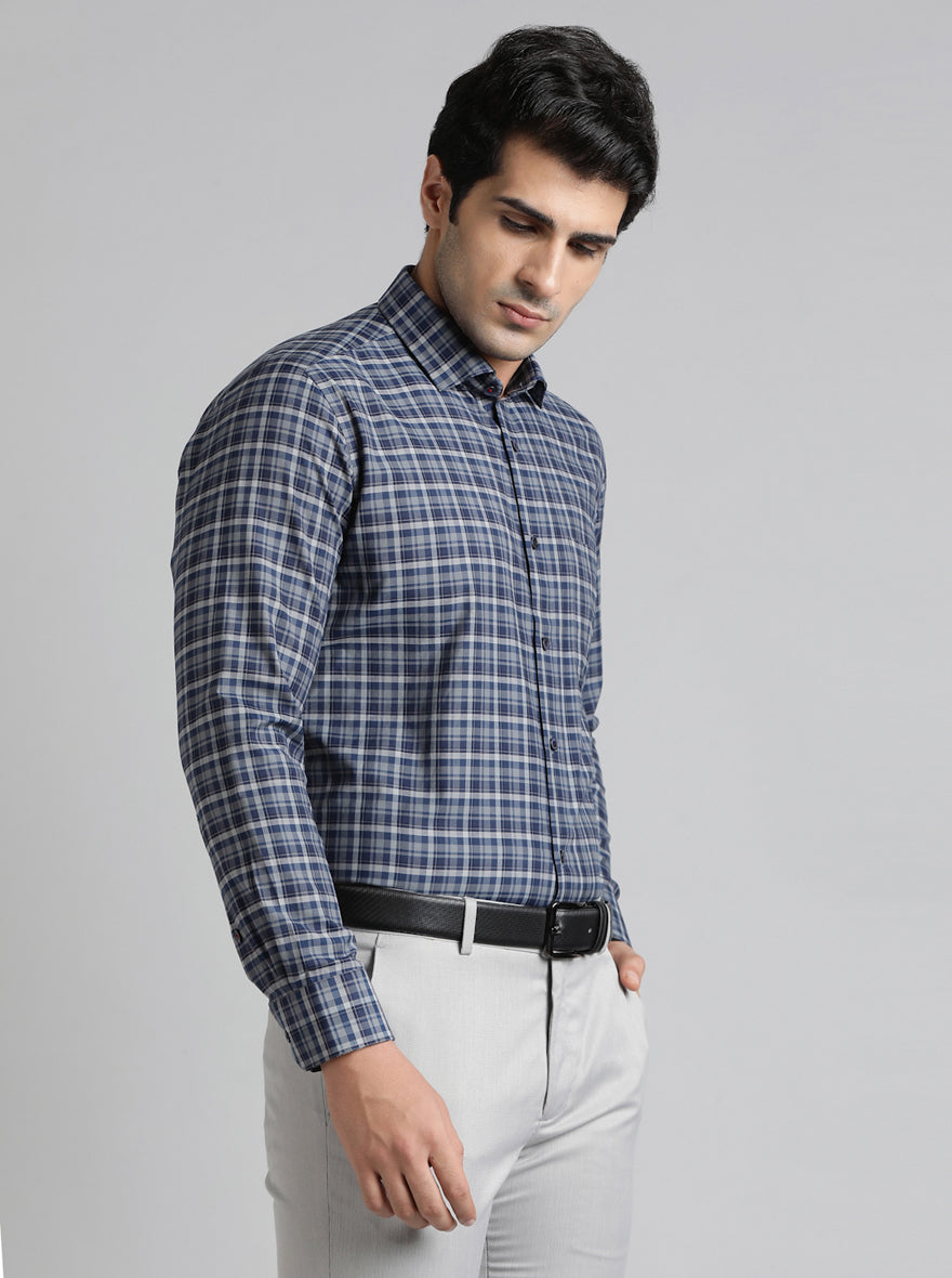 Blue Checked Slim Fit Formal Shirt | Greenfibre