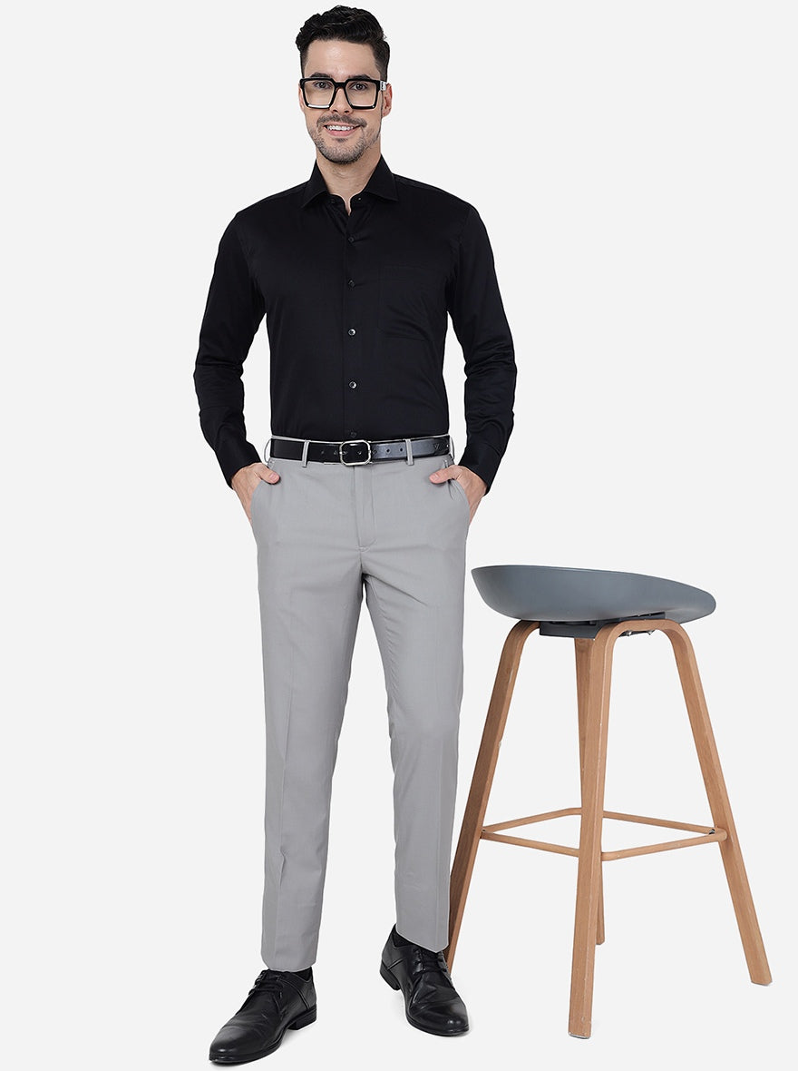 Light Grey Solid Slim Fit Formal Trouser | Greenfibre