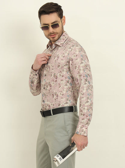 Pink & Brown Printed Slim Fit Party Wear Shirt | Wyre