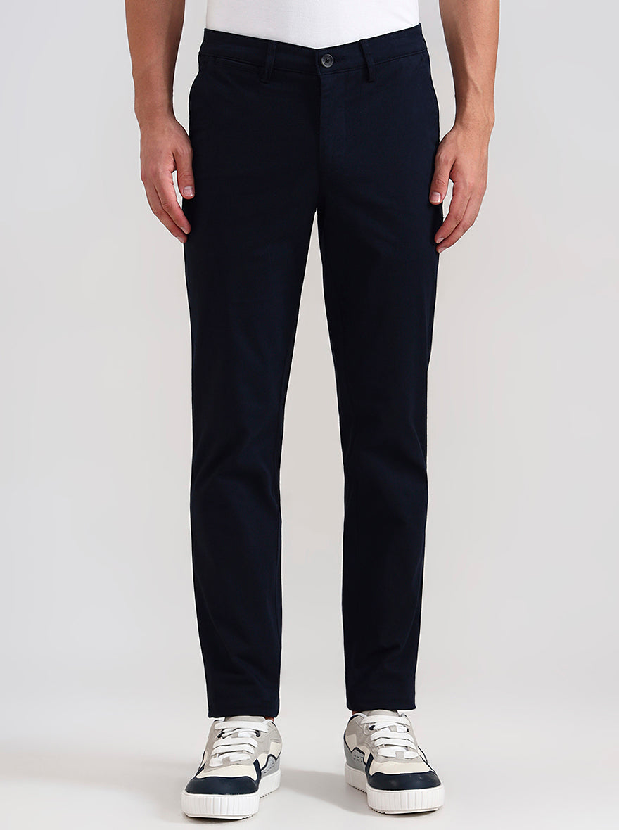 Navy Blue Solid Neo Fit Casual Trouser | Greenfibre