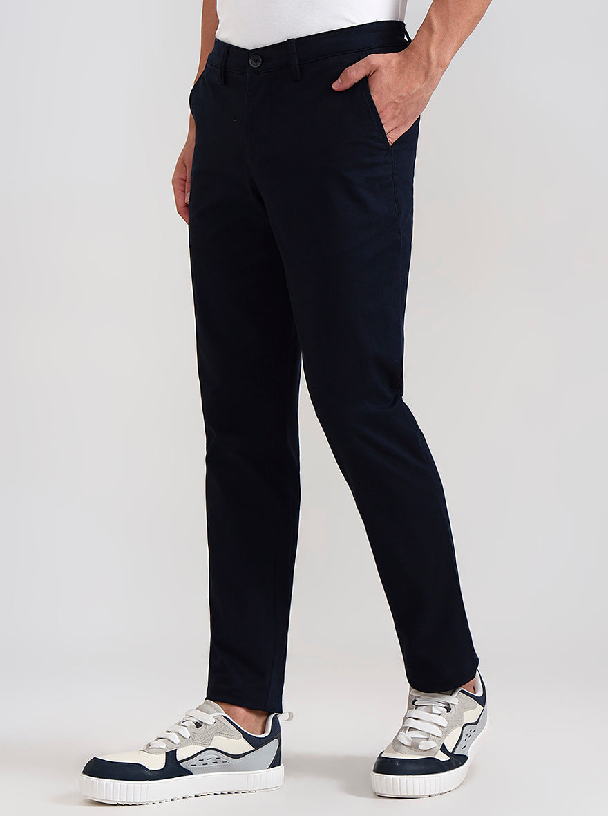 Navy Blue Solid Neo Fit Casual Trouser | Greenfibre