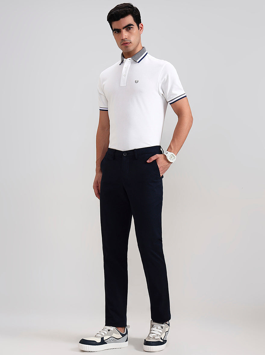 Navy Blue Solid Neo Fit Casual Trouser | Greenfibre