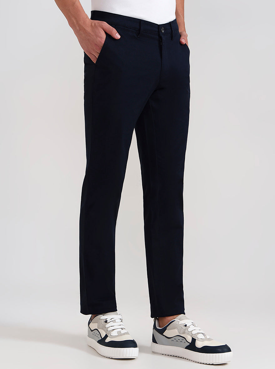 Navy Blue Solid Neo Fit Casual Trouser | Greenfibre