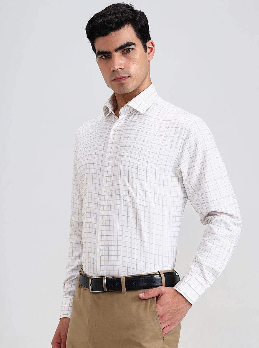 White & Fawn Checked Regular Fit Formal Shirt | Greenfibre