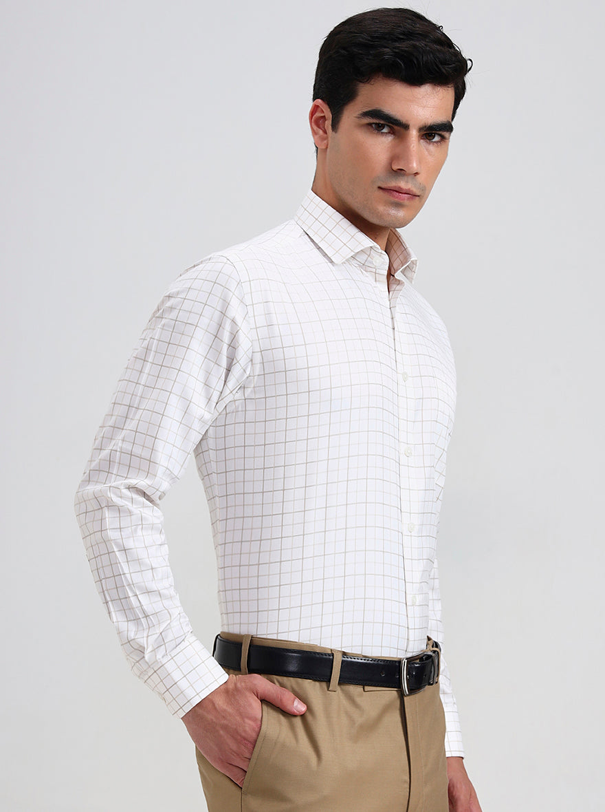 White & Fawn Checked Regular Fit Formal Shirt | Greenfibre