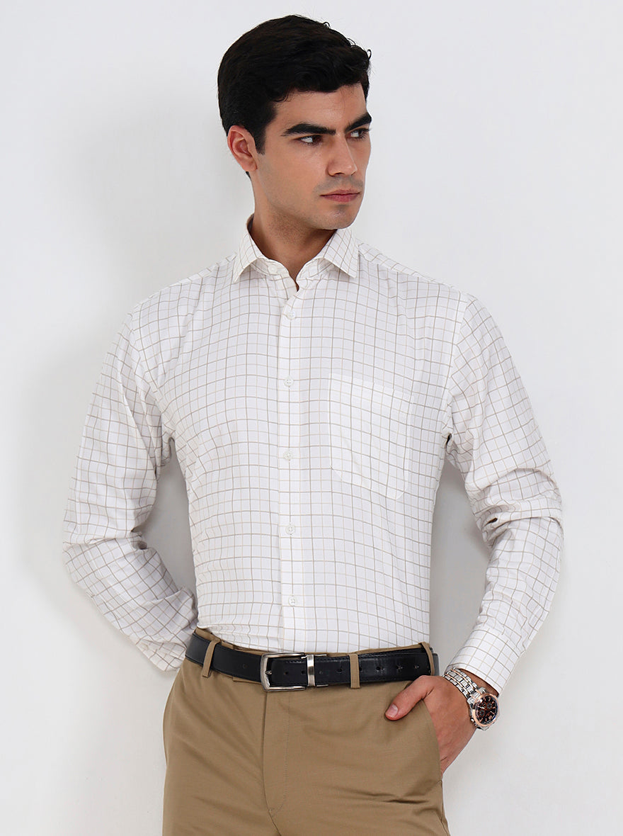 White & Fawn Checked Regular Fit Formal Shirt | Greenfibre