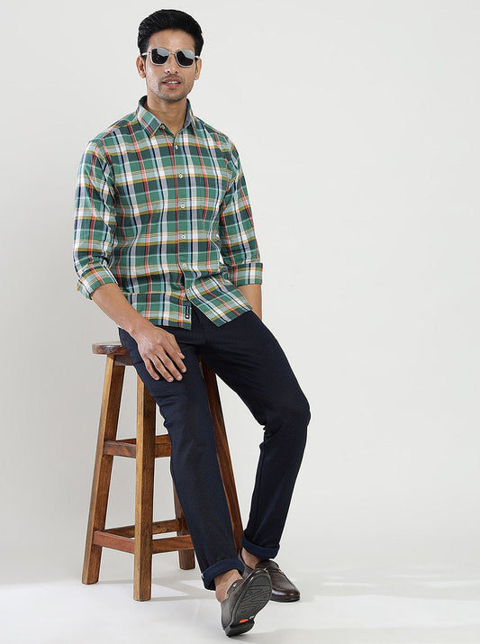 Green Checked Slim Fit Casual Shirt | Greenfibre