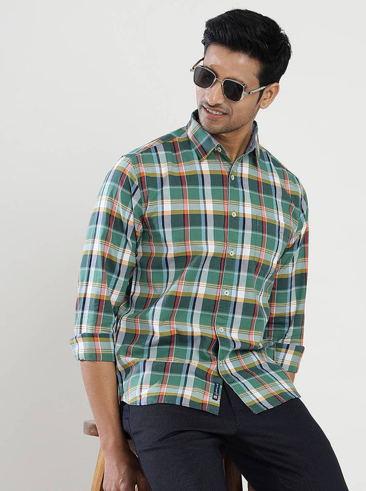 Green Checked Slim Fit Casual Shirt | Greenfibre