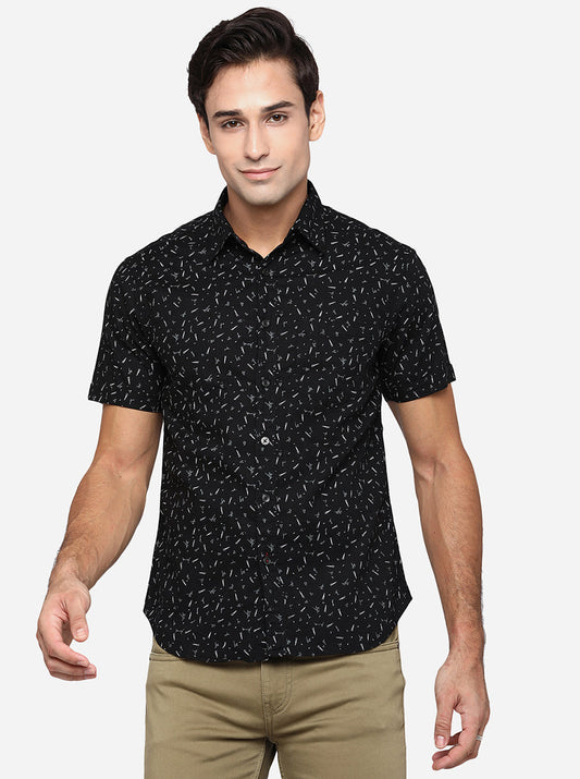 Jet Black Printed Slim Fit Semi Casual Shirt | Greenfibre