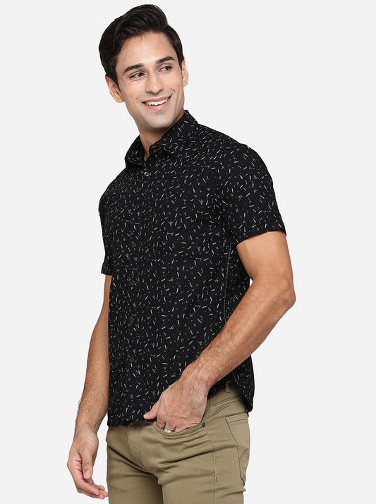 Jet Black Printed Slim Fit Semi Casual Shirt | Greenfibre