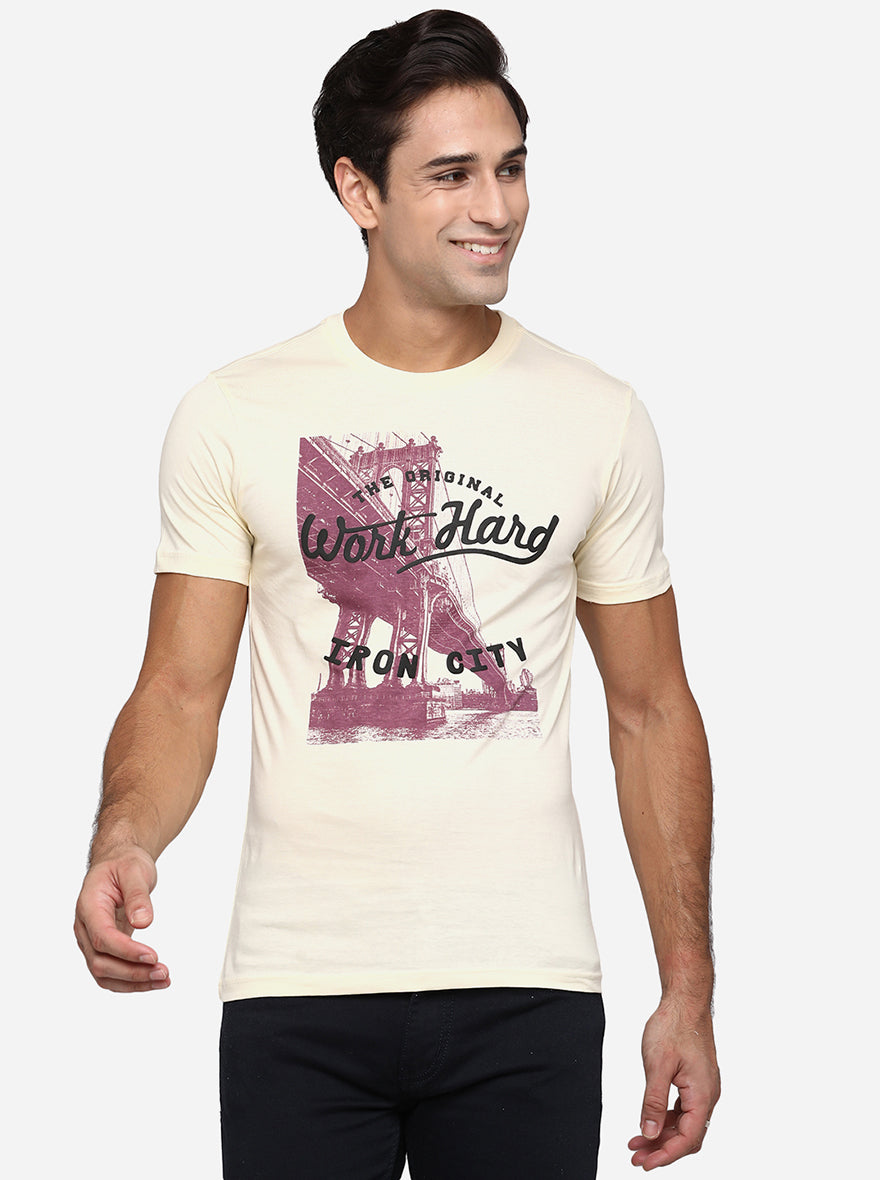 Cream Printed Slim Fit T-Shirt | Greenfibre