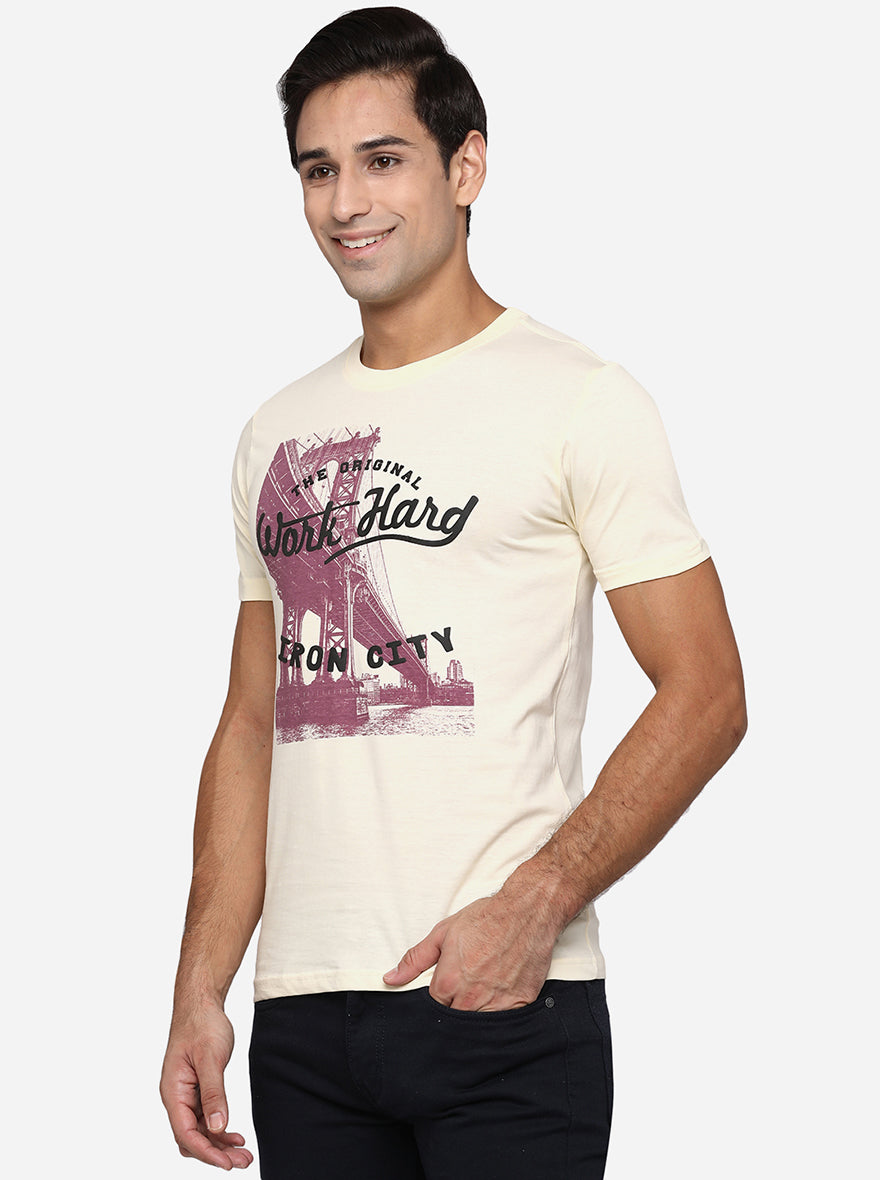 Cream Printed Slim Fit T-Shirt | Greenfibre