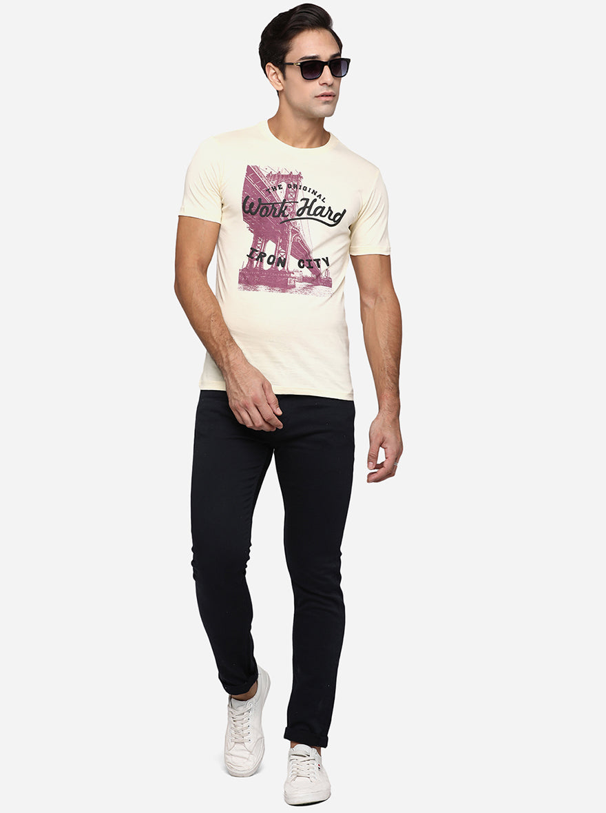 Cream Printed Slim Fit T-Shirt | Greenfibre