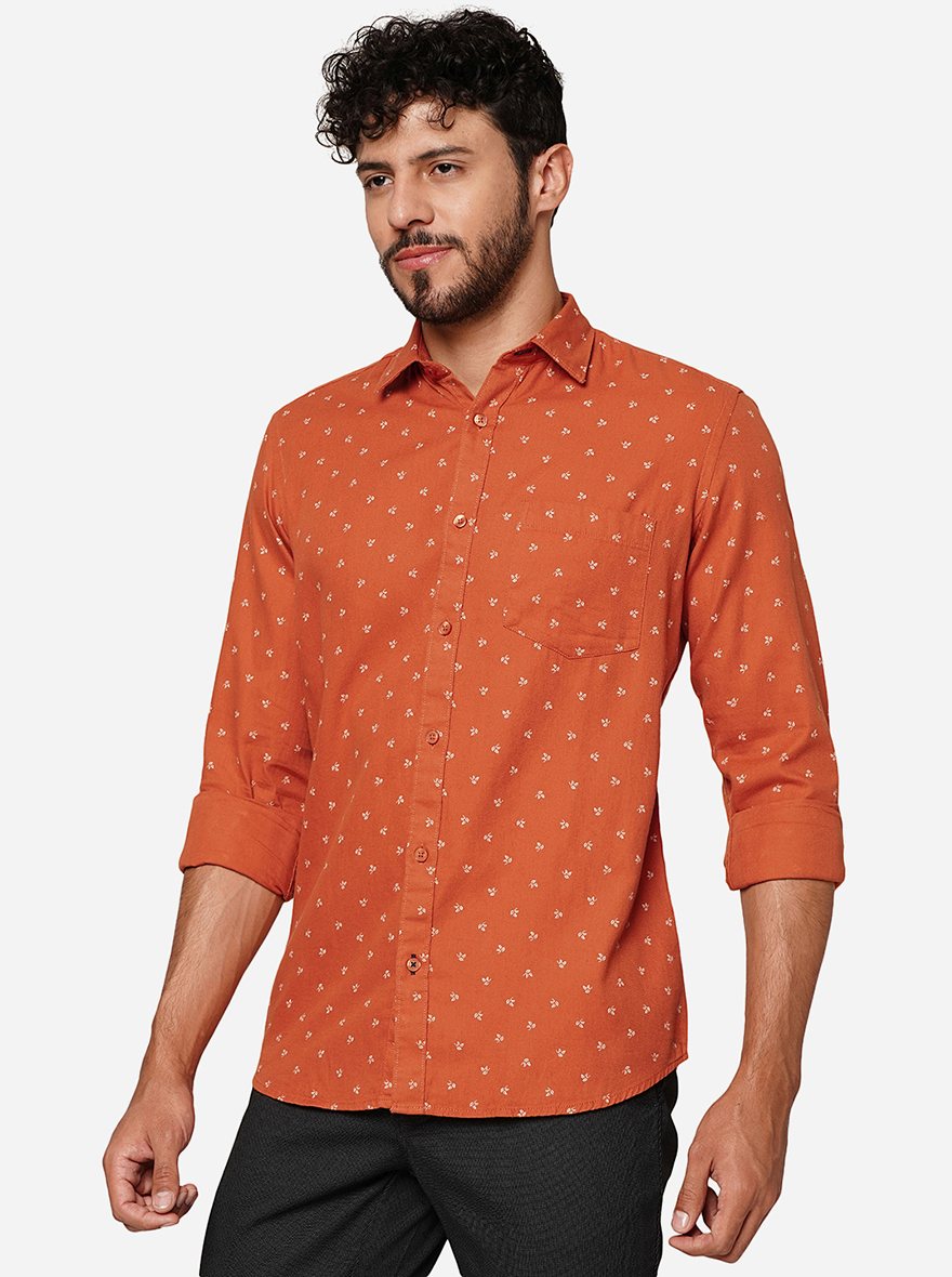 Orange Printed Smart Fit Semi Casual Shirt | Greenfibre