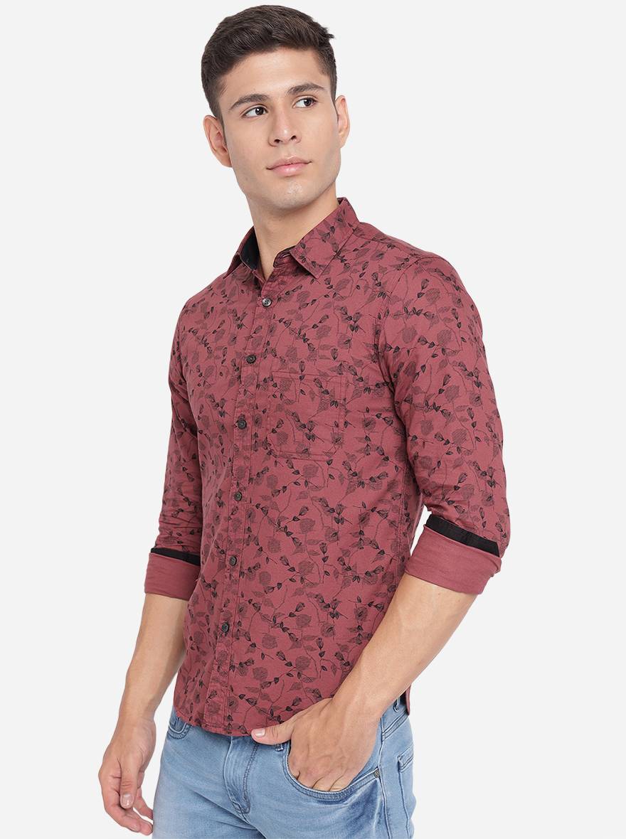 Oxblood Red Printed Slim Fit Semi Casual Shirt | Greenfibre