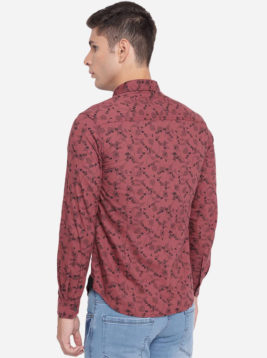 Oxblood Red Printed Slim Fit Semi Casual Shirt | Greenfibre