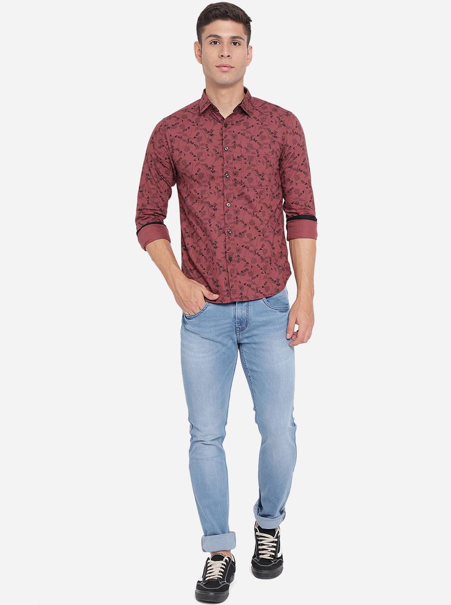 Oxblood Red Printed Slim Fit Semi Casual Shirt | Greenfibre