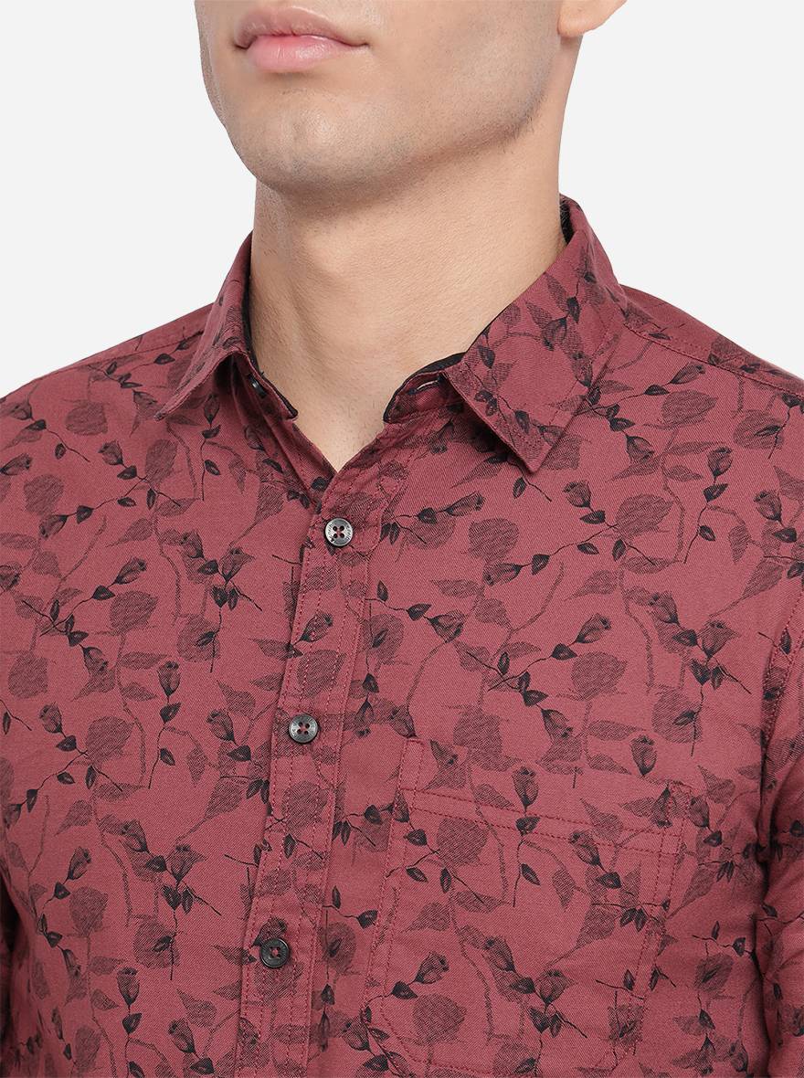 Oxblood Red Printed Slim Fit Semi Casual Shirt | Greenfibre