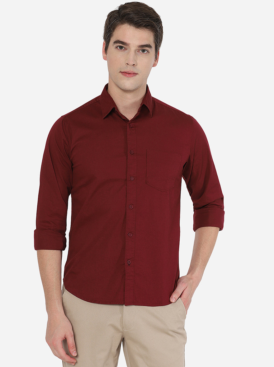 Maroon Solid Slim Fit Semi Casual Shirt | Greenfibre