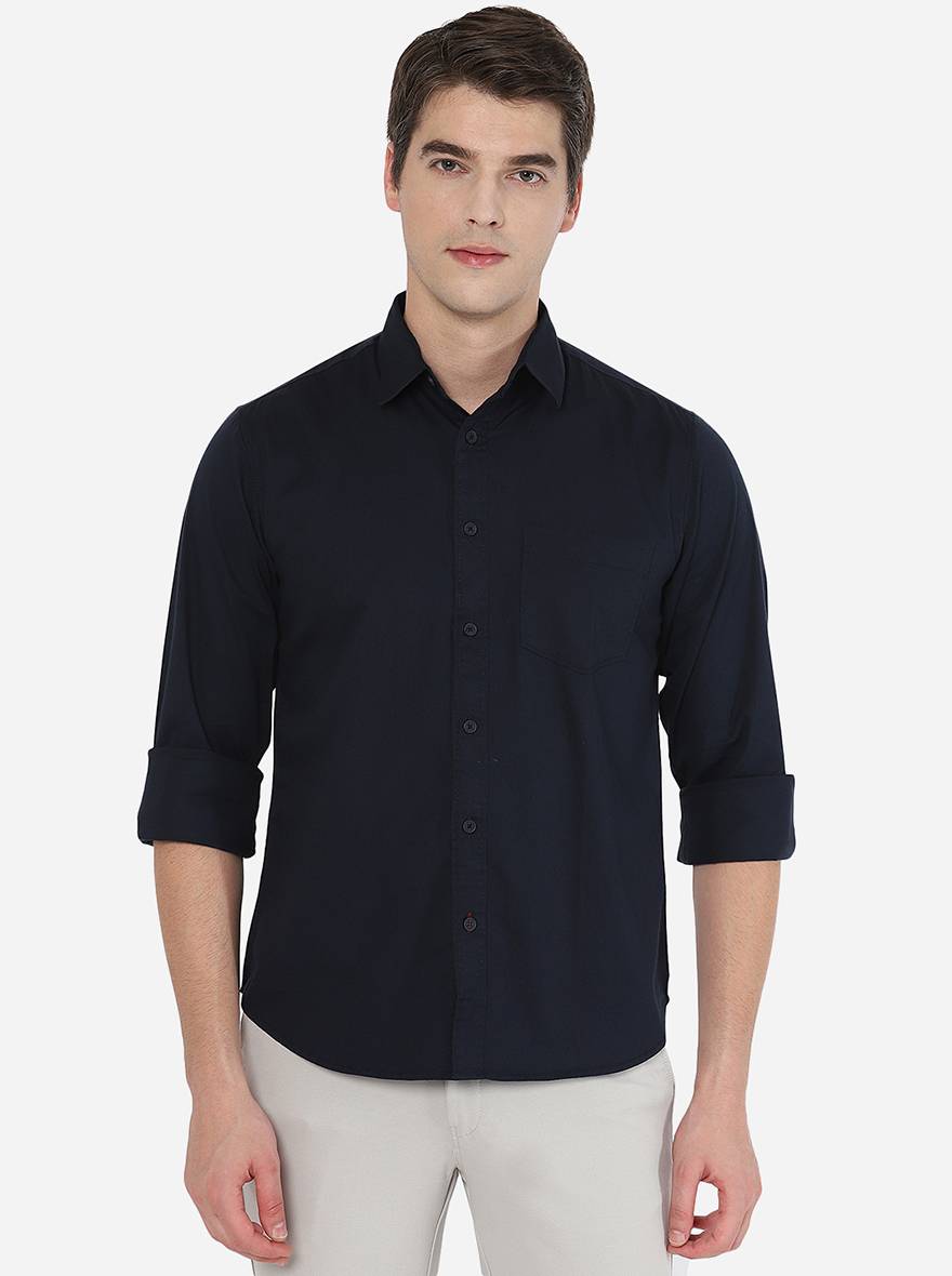 Navy Blue Solid Slim Fit Semi Casual Shirt | Greenfibre