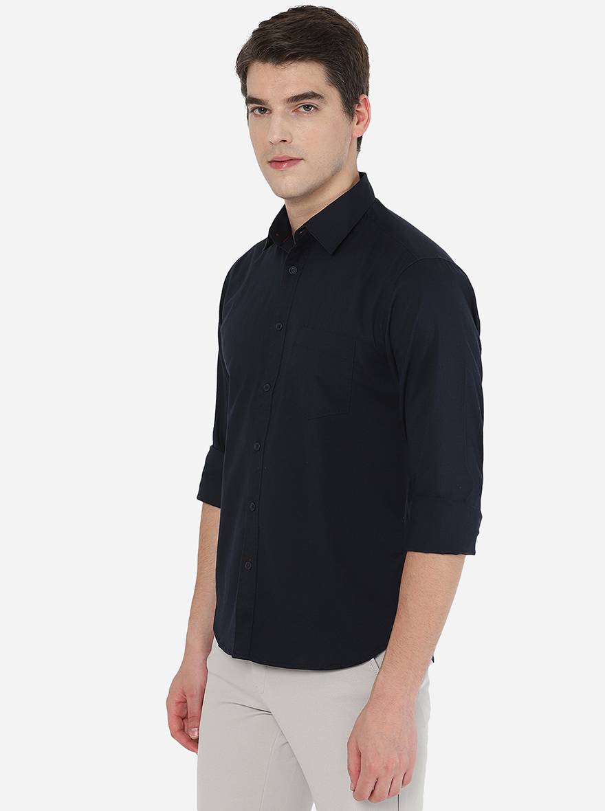 Navy Blue Solid Slim Fit Semi Casual Shirt | Greenfibre