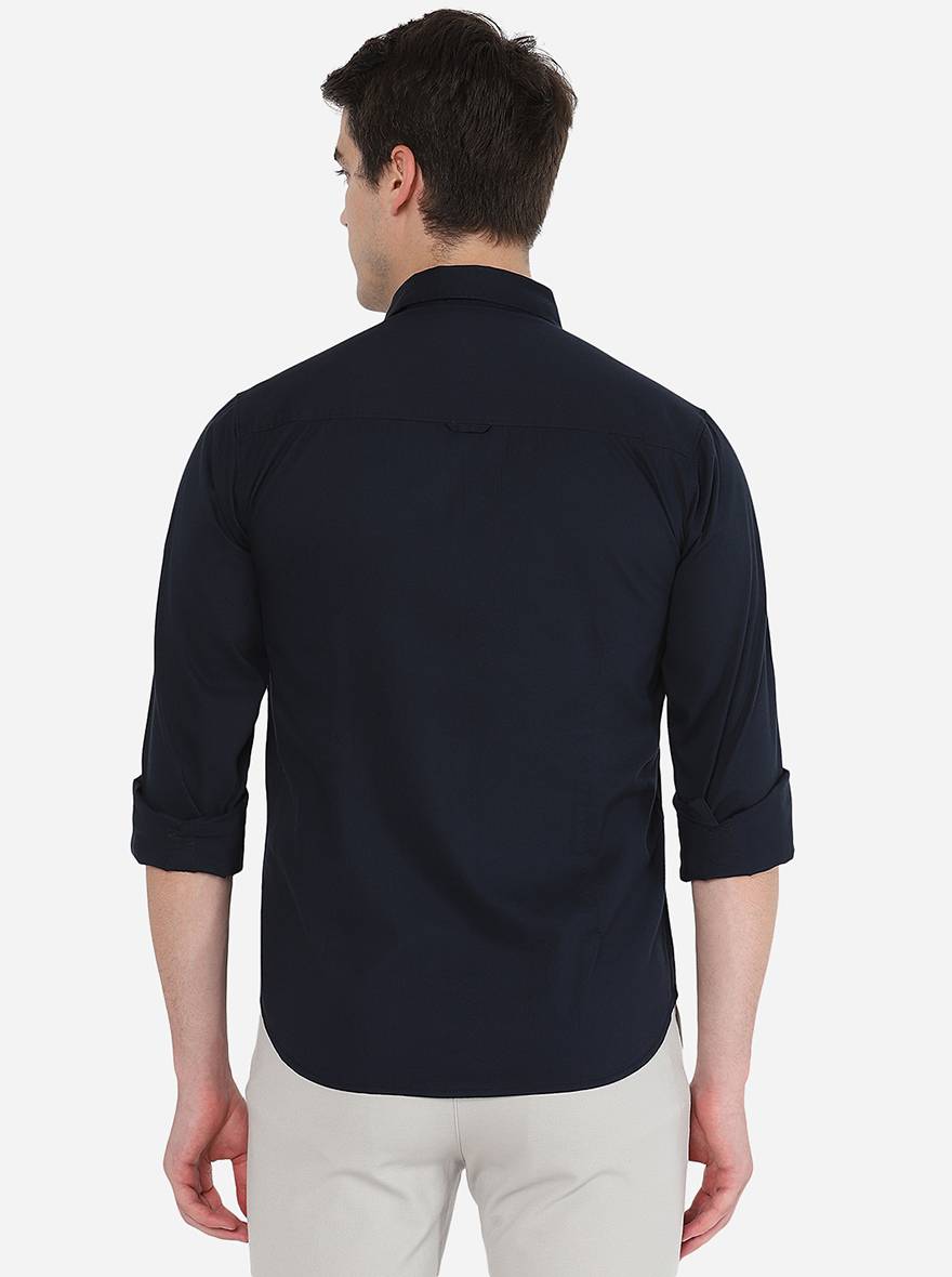 Navy Blue Solid Slim Fit Semi Casual Shirt | Greenfibre