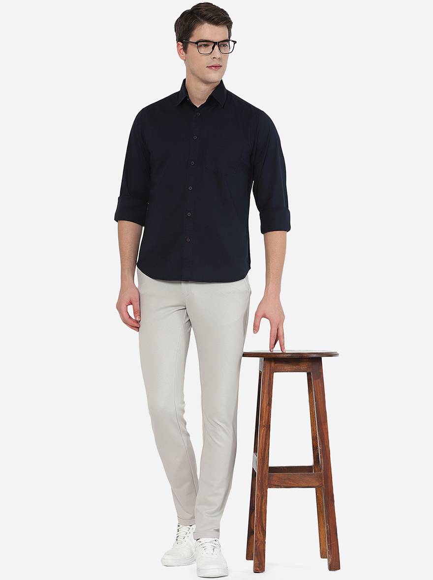 Navy Blue Solid Slim Fit Semi Casual Shirt | Greenfibre