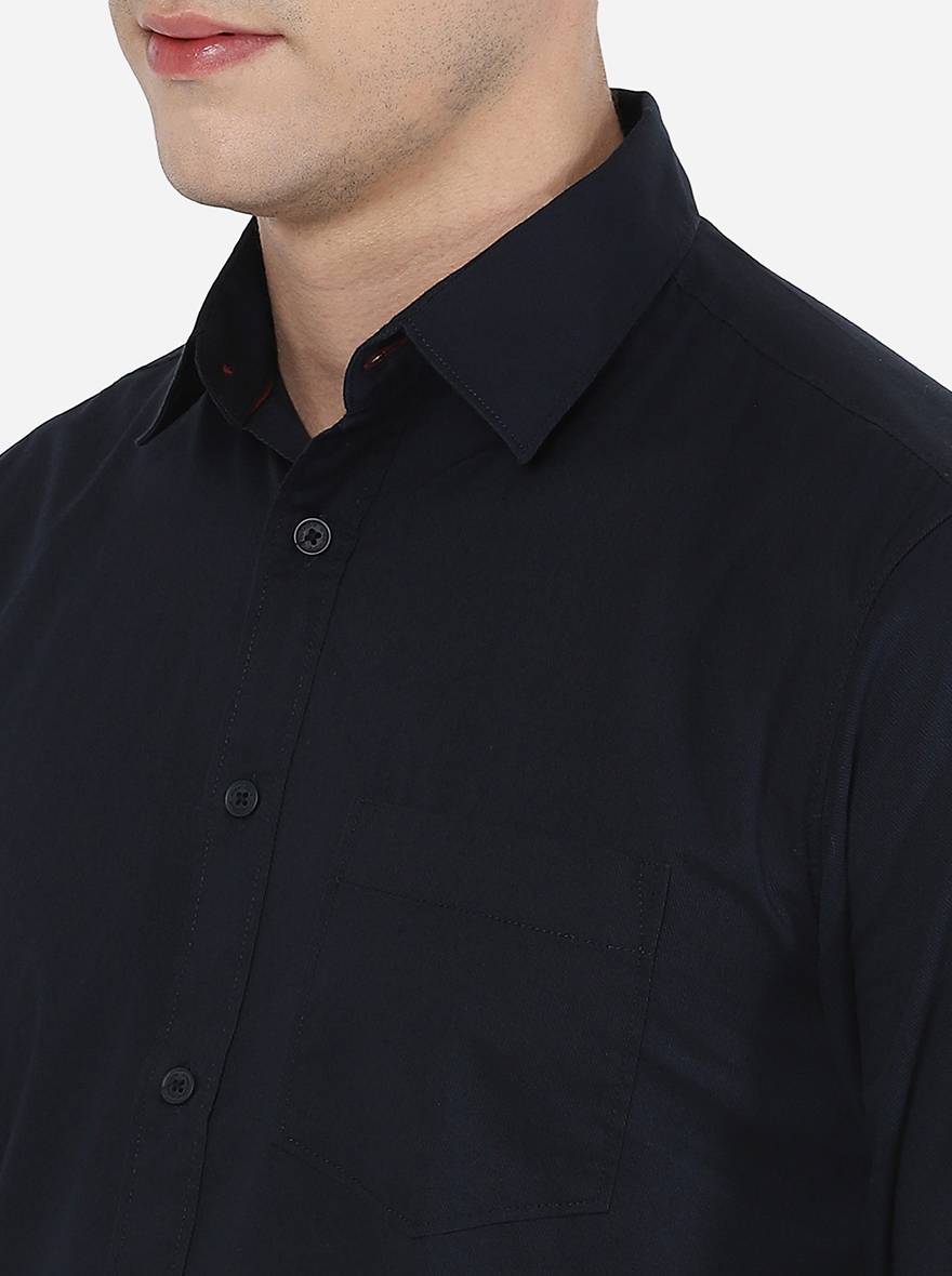 Navy Blue Solid Slim Fit Semi Casual Shirt | Greenfibre