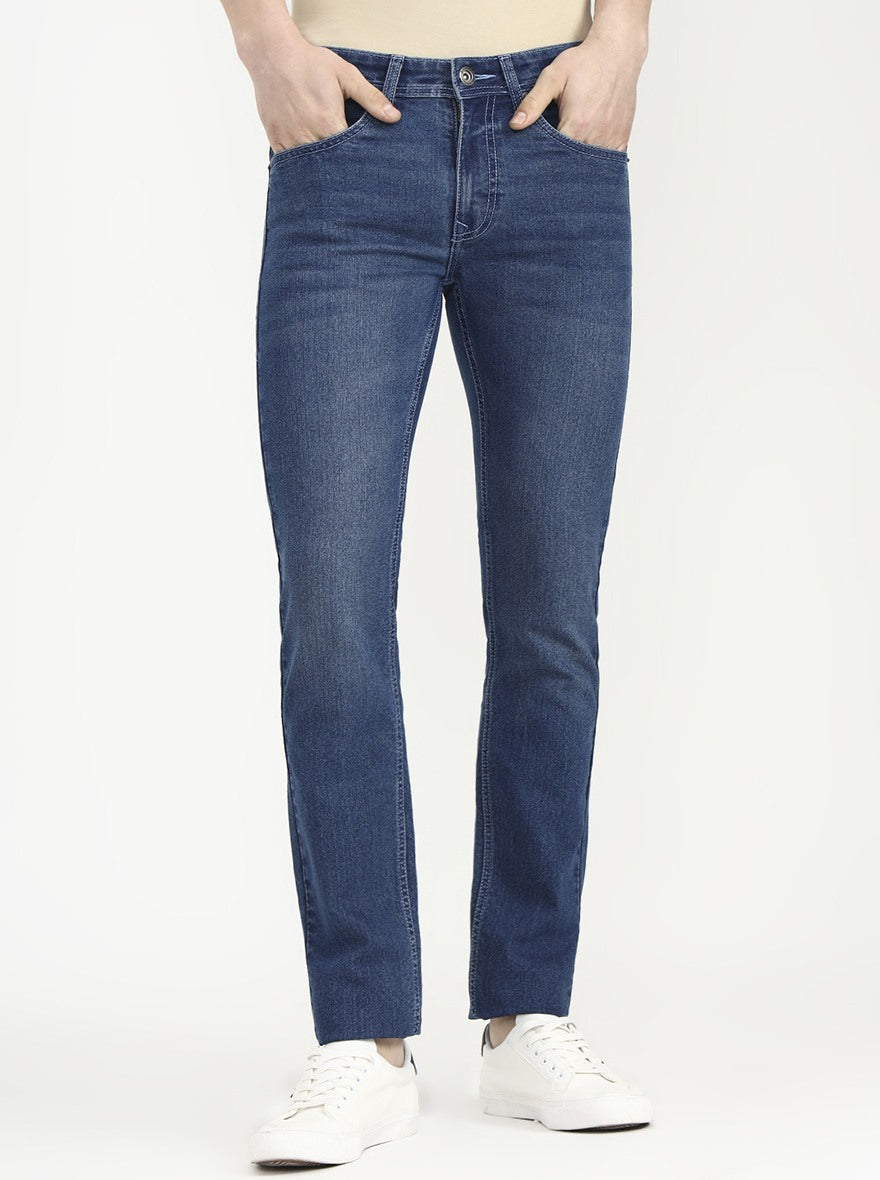 Mid Indigo Blue Solid Narrow Fit Jeans | Greenfibre