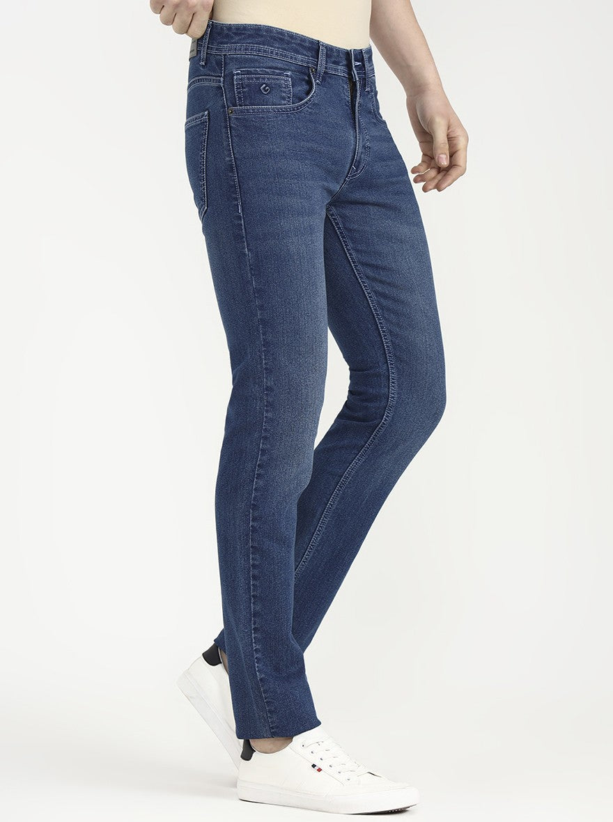 Mid Indigo Blue Solid Narrow Fit Jeans | Greenfibre