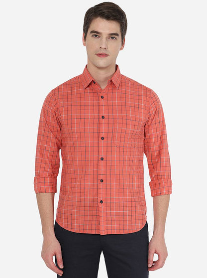 Orange Checked Slim Fit Semi Casual Shirt | Greenfibre